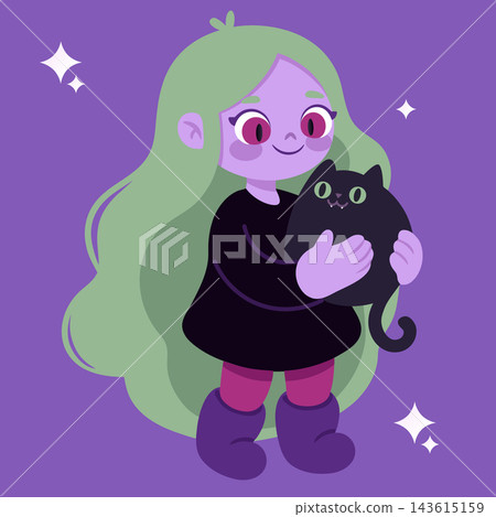 Lovely character illustration depicting a witchy girl with green hair smiling and cuddling a cute black cat, sweet female character drawing for spooky season themes 143615159
