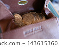 Close-up of a brown leather wallet and a 500 yen coin/small change. 143615360