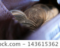 Close-up of a brown leather wallet and a 500 yen coin/small change. 143615362