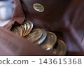 Close-up of a brown leather wallet and a 500 yen coin/small change. 143615368