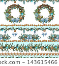 Seamless Christmas pattern with watercolor fir branches, light blue bows, cyan glass baubles, pinecones and gingerbread cookies. Hand-painted festive botanical winter holiday decoration on white. 143615466