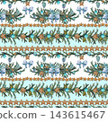 Seamless Christmas borders and patterns with watercolor fir branches, light blue bows, cyan baubles and gingerbread. Hand-painted festive botanical winter holiday decoration on white background. 143615467