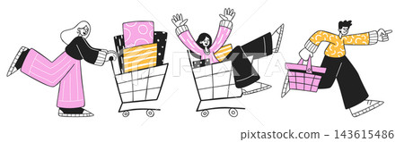 Shopper Pushing Cart Fun Cartoon Shopper Pushing Cart Fun Cartoon 143615486