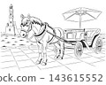 Black and White Vector Illustration of Horse and Carriage on Chania Waterfront, Crete, Greece 143615552