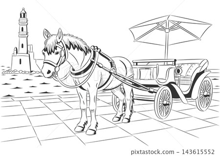 Black and White Vector Illustration of Horse and Carriage on Chania Waterfront, Crete, Greece Black and White Vector Illustration of Horse and Carriage on Chania Waterfront, Crete, Greece 143615552