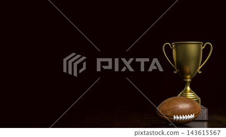 American Football and Golden Trophy on Dark Background 3d render. American Football and Golden Trophy on Dark Background 3d render. 143615567
