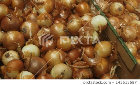 Golden Bulb Onions Piled for Market Sale Golden Bulb Onions Piled for Market Sale 143615687