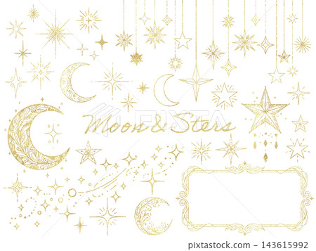 A fantastical design illustration set of the moon and stars / Gold (crescent moon, night sky, glitter, frame, ornament) 143615992