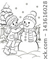 Winter coloring page featuring a girl adding a carrot nose to a snowman in a snowy yard. 143616028