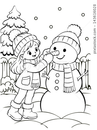 Winter coloring page featuring a girl adding a carrot nose to a snowman in a snowy yard. 143616028