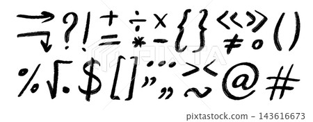 Black hand written math signs and punctuation marks set. Rough charcoal brackets, question mark, exclamation point and quotation mark. Hand made sketch mathematical symbols bundle. Vector bundle Black hand written math signs and punctuation marks set. Rough charcoal brackets, question mark, exclamation point and quotation mark. Hand made sketch mathematical symbols bundle. Vector bundle 143616673