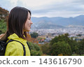 A close-up of a woman's profile as she hikes in the Shibusawa Hills. 143616790