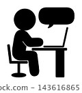 A simple pictogram of a person participating in an online meeting on a computer. 143616865