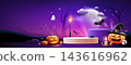 Happy Halloween two podium display, pumpkin, ghosts and bat flying, tree silhouette, banner 143616962