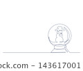 A one-stroke vector illustration of a snow globe. A minimalist blue-gray line drawing of a snowman inside. 143617001