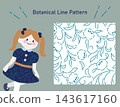 A minimalist line-drawn floral seamless pattern and a mock-up illustration of a girl's dress. 143617160