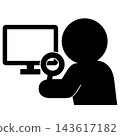 A simple pictogram of a person examining a computer screen with a magnifying glass. 143617182