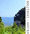 The calm sea visible from between the cliffs along the Japanese coast, where trees grow thick. 143617306