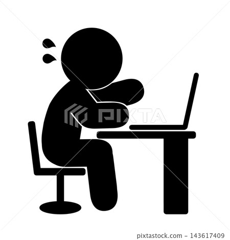 A simple pictogram of a person having trouble with computer work. A simple pictogram of a person having trouble with computer work. 143617409