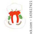 A hand-drawn crayon-style illustration of Santa's gift bag decorated with a large red ribbon and holly. 143617421