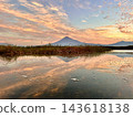 Mount Fuji and the sunrise as seen from the Fujikawa River 143618138