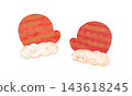 Cute watercolor-style Christmas gloves with red and orange stripes and white faux fur. 143618245