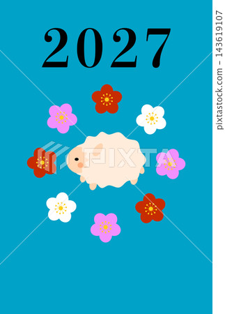 一張日本新年賀卡的插圖,以2027年的生肖羊和粉紅色、紅色、白色的彩色梅花為特色。 一張日本新年賀卡的插圖,以2027年的生肖羊和粉紅色、紅色、白色的彩色梅花為特色。 143619107