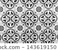 Classic Black White Gray Peranakan Floral Floor Tile Pattern with Symmetrical Geometric Mandalas. Traditional Heritage Ceramic Tiles Texture for Interior Design. 143619150