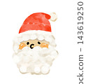 A cute watercolor-style illustration of Santa Claus's face with a big, fluffy beard and an adorable expression. 143619250