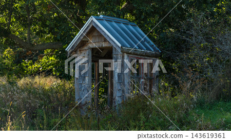 Rustic weathered wooden garden shelter with blue metal roof surrounded by tall grass and trees in a woodland clearing Rustic weathered wooden garden shelter with blue metal roof surrounded by tall grass and trees in a woodland clearing 143619361