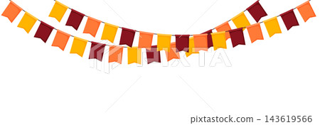 Red, orange and yellow autumn hanging garland chain. Bright Thanksgiving flag bunting decoration. Halloween party celebration pennant decorative element. Colorful fall season vector illustration Red, orange and yellow autumn hanging garland chain. Bright Thanksgiving flag bunting decoration. Halloween party celebration pennant decorative element. Colorful fall season vector illustration 143619566