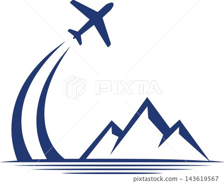 Minimalist Blue Airplane Flying Over Mountain Peaks Vector Logo for Travel and Adventure Minimalist Blue Airplane Flying Over Mountain Peaks Vector Logo for Travel and Adventure 143619567