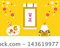 2027 羊年新年賀卡，橫版，圖案包括一個簡單的羊形泥鈴、一個鏡餅（年糕供品）和一個寫著“新年快樂”的掛軸。 143619977