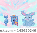 Cute monster group characters including bunny dragon on a soft pastel sky background, featuring copy space for children books, birthday invitations 143620246