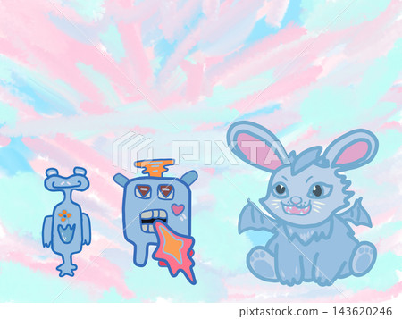 Cute monster group characters including bunny dragon on a soft pastel sky background, featuring copy space for children books, birthday invitations Cute monster group characters including bunny dragon on a soft pastel sky background, featuring copy space for children books, birthday invitations 143620246