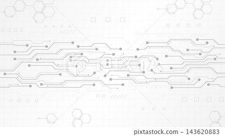 Horizontal Gray Electronic Circuit Board Vector Background with Geometric Hexagon Shapes and Nodes on White Grid Minimalist Technology Design Horizontal Gray Electronic Circuit Board Vector Background with Geometric Hexagon Shapes and Nodes on White Grid Minimalist Technology Design 143620883