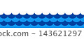 Dark blue ocean wave pattern background. Stylized sea water line border. Seamless marine ripple ornament and page divider for nautical design, summer beach party flyer or banner 143621297