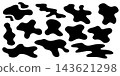 Black abstract water puddle silhouettes with bold liquid splashes and organic blot shapes. Flat vector set for graphic backgrounds frames icons and modern design elements 143621298
