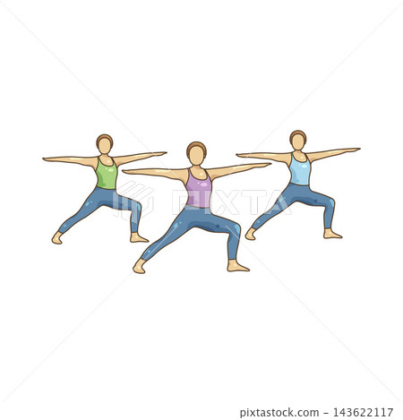 Illustration of three women in warrior ii pose Illustration of three women in warrior ii pose 143622117