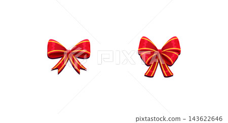 Red silk ribbons with bows festive decor satin rose, luxury elements for holiday packaging and design, elegant gift tape 3d vector decor set on white background 143622646