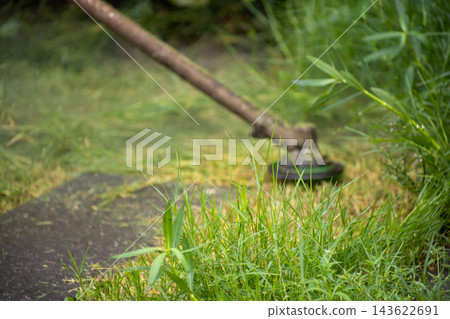 Close up of a string trimmer cutting green grass and weeds in a garden, focus selective 143622691