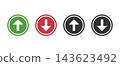 Up and down arrow icon set featuring green, red, and grey circular buttons for web navigation, user interface design, and directional symbols. 143623492