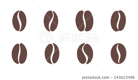 Set of brown coffee bean icons and roasted espresso seeds, minimalist organic cafe logo symbols and silhouettes isolated on white background 143623496