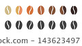 Coffee bean set, Coffee bean vector illustration, coffee bean icon set showing different levels and color shades isolated on white background. 143623497