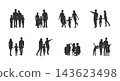 Happy family silhouettes collection, featuring parents and children walking, standing, holding hands, black silhouettes of parents and kids walking together on a white background. 143623498