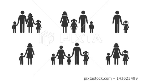 Family solid icon set with parents and child simple silhouette, family icon set featuring diverse solid pictograms of parents with children. Family solid icon set with parents and child simple silhouette, family icon set featuring diverse solid pictograms of parents with children. 143623499