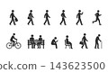 Black pedestrian pictogram icons set showing daily outdoor people activities like walking running cycling commuting and sitting on park bench 143623500
