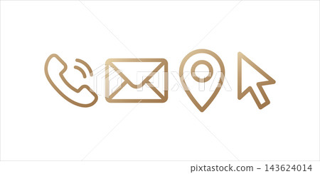 Golden lined icon for cv or business card. Call, message, location, web icon. contact icon set Golden lined icon for cv or business card. Call, message, location, web icon. contact icon set 143624014