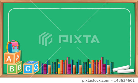 Green Chalkboard Background with School Supplies and Alphabet Blocks Green Chalkboard Background with School Supplies and Alphabet Blocks 143624601