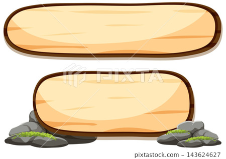 Blank Wooden Sign Banners with Mossy Stones Vector Illustration Blank Wooden Sign Banners with Mossy Stones Vector Illustration 143624627